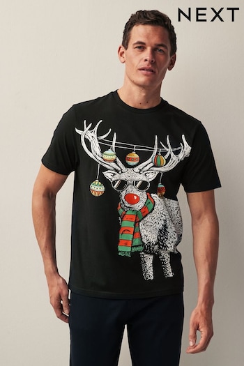 Black Reindeer Doodle Print Christmas T-Shirt (D80379) | £18