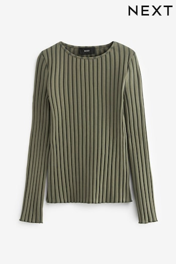 Khaki Green Long Sleeve Striped Ribbed Top (D80477) | £34