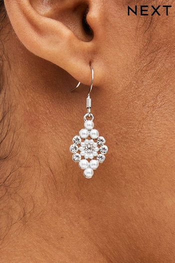 Silver Tone Pearl And Sparkle Teardrop Earrings (D80540) | £14