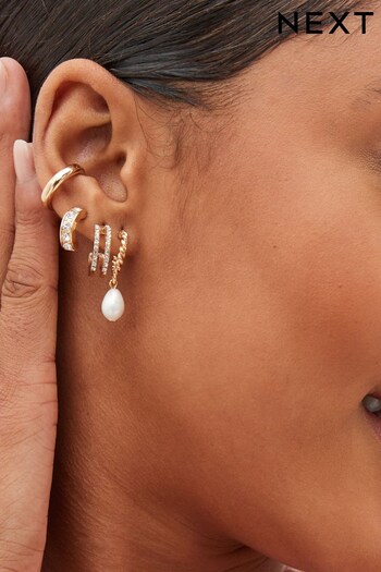 Gold Tone Pearl and Sparkle Hoop Earrings 4 Packs with Ear Cuff (D80546) | £14