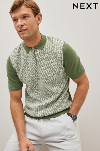 Green/Ecru Cream Geo Zip Polo Shirt (D80624) | £32