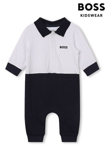 BOSS Navy BOSS Baby Navy and White All Over Logo Romper (D80684) | £96
