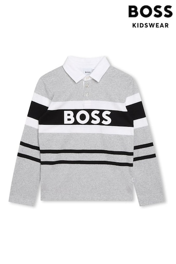 BOSS Grey Colourblock Logo Long Sleeve Jersey V-neck Polo Shirt (D80697) | £85 - £96