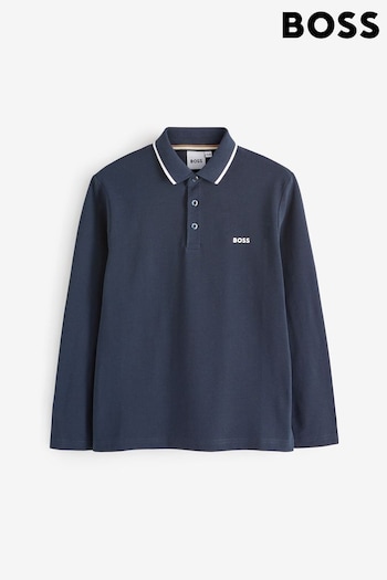 BOSS Navy Blue Chest Logo Long Sleeve Monki Polo Shirt (D80698) | £61 - £71