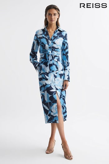 Reiss Navy/Blue Jackson Floral Print High Rise Midi Skirt (D80814) | £40