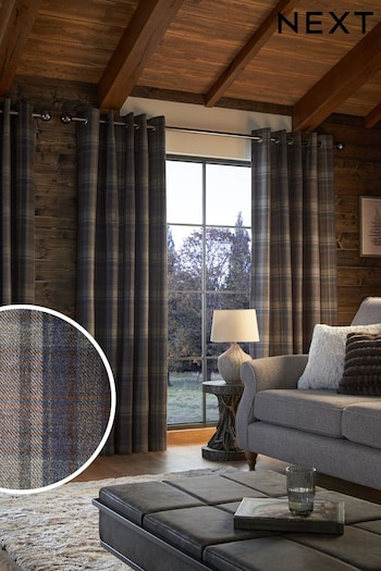 Blue/Grey Alpine Check Unlined Eyelet Curtains (D81299) | £70 - £145
