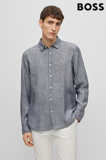 BOSS Dark Blue Chambray Linen Regular Fit Long Sleeve Shirt (D81634) | £119