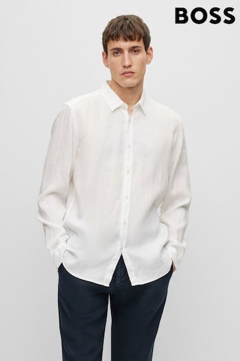 BOSS White Chambray Linen Regular Fit Long Sleeve Shirt (D81635) | £119