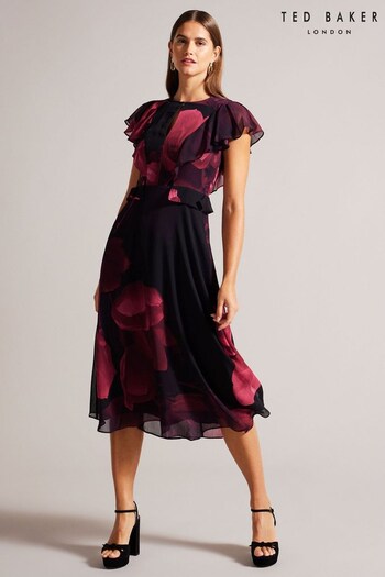 Ted Baker Bjorkaa Angel Sleeve Black Midi Dress with Peplum Waist (D82105) | £195