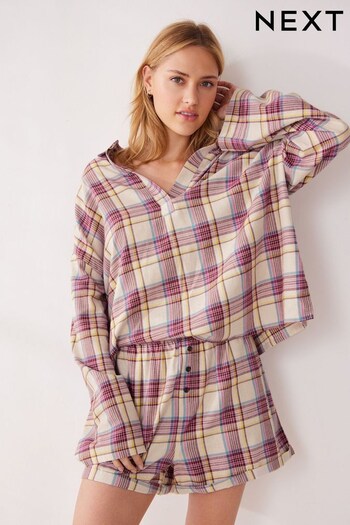 Purple Check Long Sleeve Short Set Pyjamas (D82238) | £34