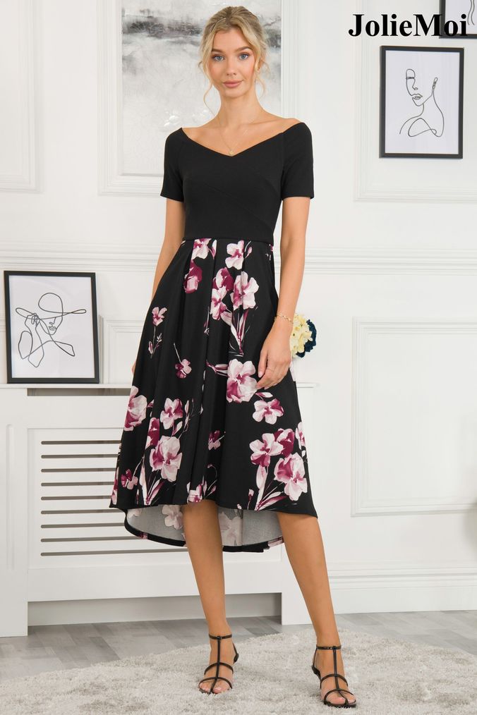 Black floral midi tea 2024 dress