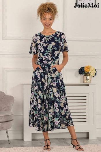 Jolie Moi Blue Nadine Floral Print Chiffon Dress (D82348) | £60