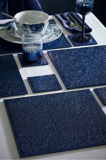 Navy Metallic Faux Leather Set of 4 Placemats & Coasters (D82355) | £22