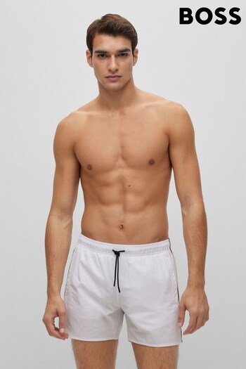 BOSS White Recycled Material Swim Shorts with Logo and Signature Stripe (D82500) | £49