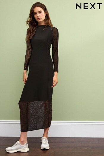 Black Long Sleeve Mesh Midi Dress (D82570) | £40