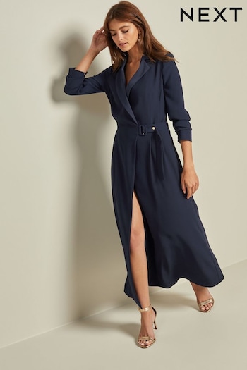 Navy Blue Tailored Crepe Long Sleeve Wrap Dress (D82642) | £62