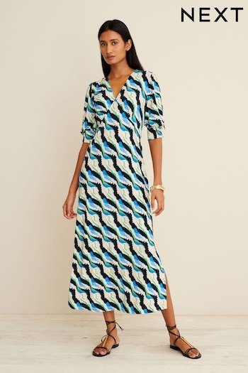 Blue Print Short Sleeve V-Neck Midi Day Dress (D82876) | £52