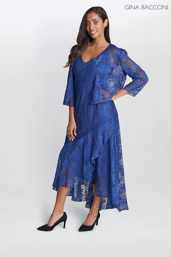 Gina Sempre Bacconi Blue Barbara Midi Dress With Cascade Jacket (D83029) | £350