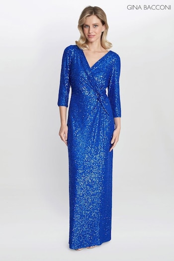 Gina Bacconi Blue Jacynda Sequin 3/4 Sleeve Wrap Dress With Twist (D83030) | £399