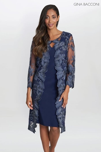 Gina Bacconi Navy Blue Savoy Embroidered Lace Mock Jacket With Jersey Dress (D83031) | £350
