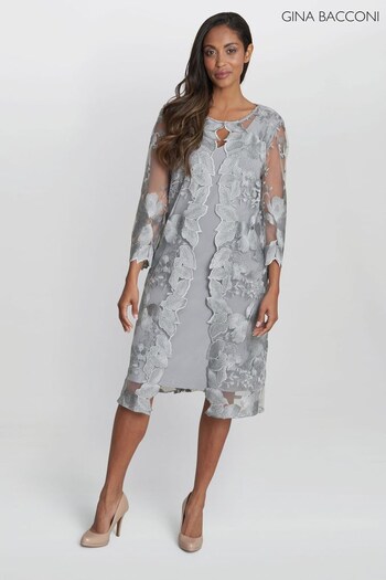 Gina Bacconi Savoy Embroidered Grey Lace Mock Jacket With Jersey Dress (D83032) | £350