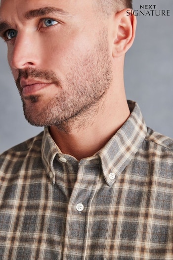 Grey/Neutral Signature Brushed Flannel Check Shirt (D83046) | £19.50