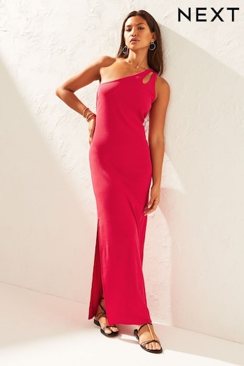 Magenta Pink One Shoulder Cut-Out Ribbed Midi Dress (D83071) | £28