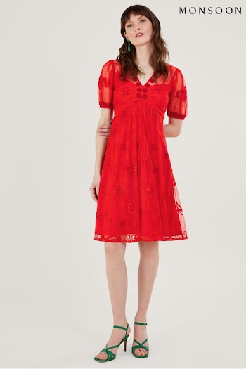 Monsoon Red Nora Embroidered Short Dress (D83084) | £150