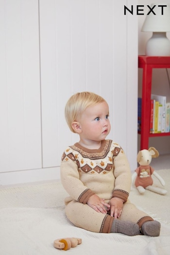 Tan Brown Fairisle Knitted Baby Romper (0mths-2yrs) (D83185) | £20 - £22