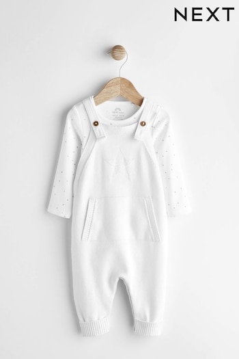 White Knitted Emporio Dungarees And Bodysuit Set (0mths-2yrs) (D83196) | £20 - £22
