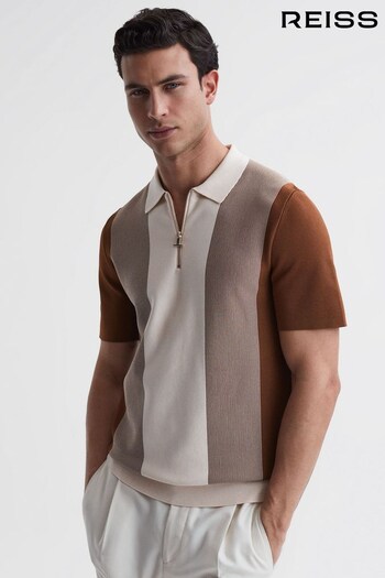 Reiss Tobacco/Cream Milton Half-Zip Striped shirt Polo T-Shirt (D83287) | £118