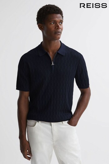 Reiss Navy Ubud Half-Zip Textured Polo T-Shirt (D83297) | £110