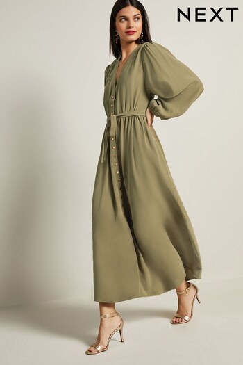 Green Button Down Long Sleeve Midi Dress (D83298) | £52