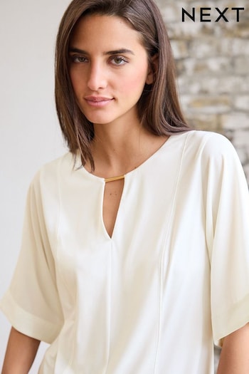 Ecru Cream Short Sleeve Round Neck Blouse With Hardware Detail (D83493) | £26