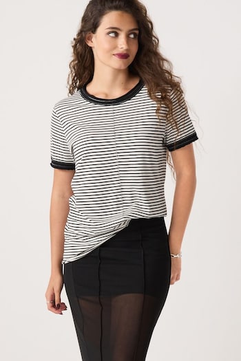 Black/White Stripe Raw Edge Crew Neck Short Sleeve T-Shirt (D83498) | £16