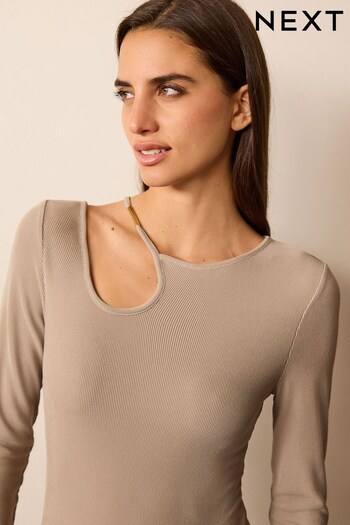Neutral Long Sleeve Hardware Detail Cut-Out Top (D83518) | £31