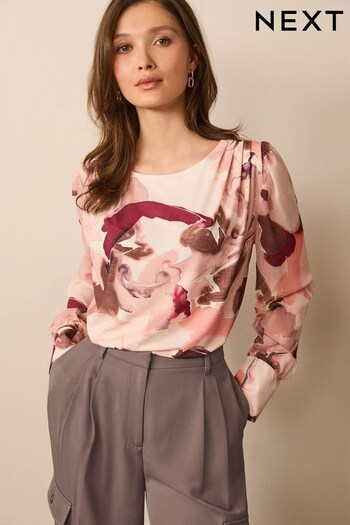 Pink Smudge Long Sleeve Crew Neck Cuff Blouse (D83519) | £32