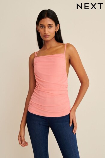 Coral Pink Mesh Draped Ruched Cami Top (D83532) | £20