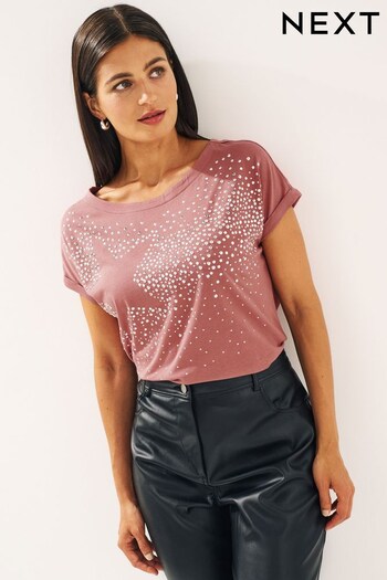Blush Pink Embellished Graphic Star Short Sleeve Crew Neck T-Shirt (D83541) | £20