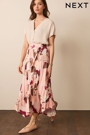 Pink Smudge Print Asymmetric Pleated Midi Skirt (D83546) | £46