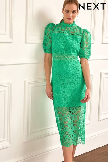Green Lace Short Sleeve Insert Midi Dress (D83556) | £85