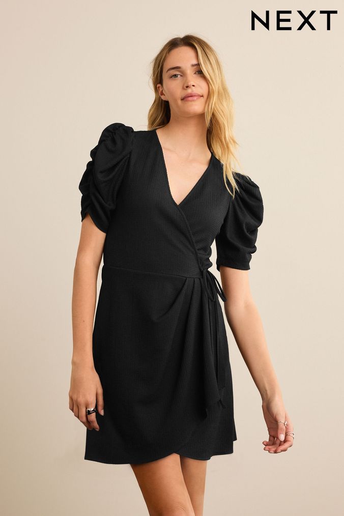 Black Short Sleeve V-Neck Wrap Mini Dress (D83560) | £26