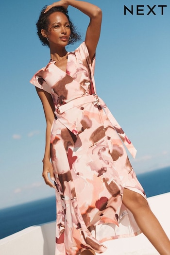 Pink Blurred Printed Midi Dress With Hardware Detail (D83565) | £58