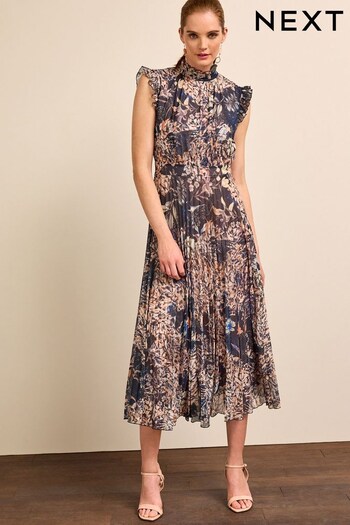 Navy Blue Floral Sleeveless Mesh Pleated Midi Occasion Dress (D83566) | £62