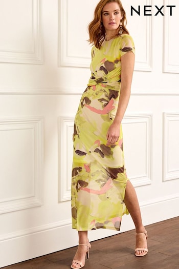 Yellow Smudge Print Short Sleeve Mesh Midi Dress (D83578) | £40