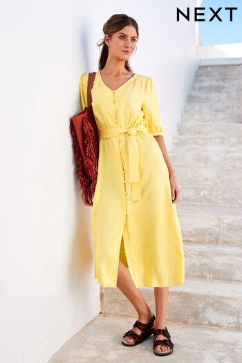 Yellow Linen Button Through Summer Midi Dress (D83627) | £45