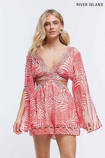 River Island Red Plunge Angel Sleeve Playsuit (D83641) | £45