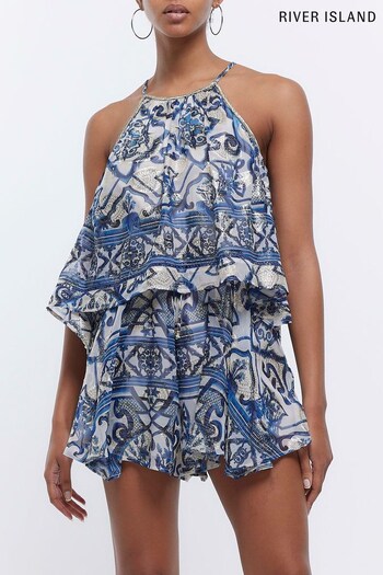 River Island Blue Tile Tiered Playsuit (D83656) | £49