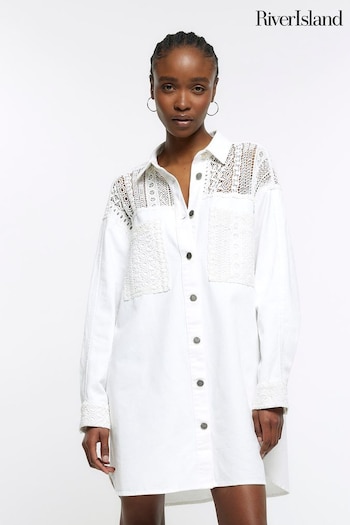 River Island White Lace Mix Shirt Mini Dress (D83660) | £55