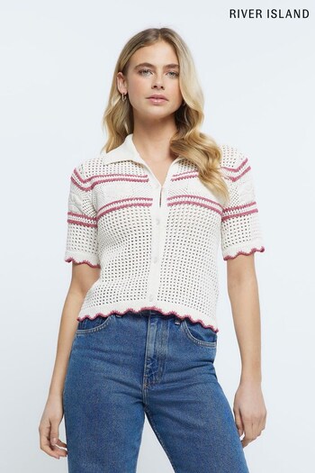 River Island Cream Crochet Polo T-Shirt (D83666) | £35